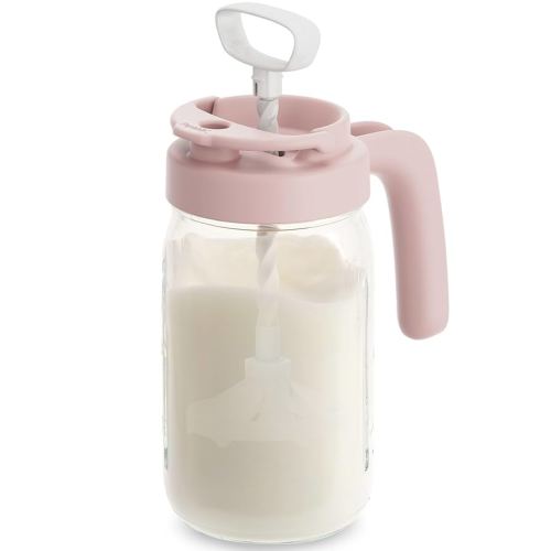Papablic Glass Formula Mixing Pitcher, Breastmilk Pitcher with Mixing Handle Lid, 24 Oz Wide Mouth Mason Jar Mixer with Flip Locking Spout, Easy to Clean, BPA Free, Pink