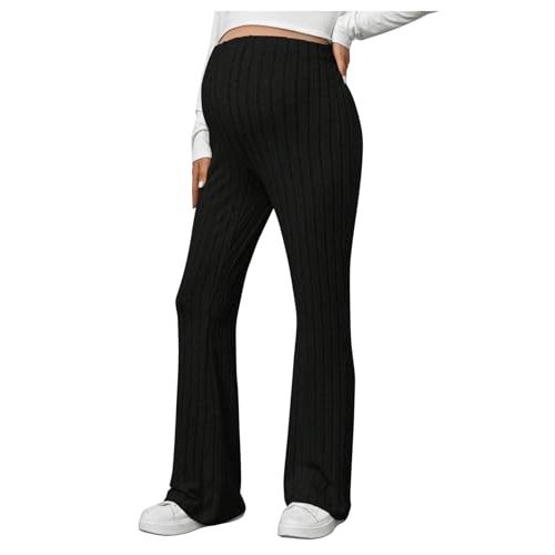 BEAUDRM Women's Maternity Casual Adjustable High Waist Solid Flare Leg Ribbed Knit Pants Trousers