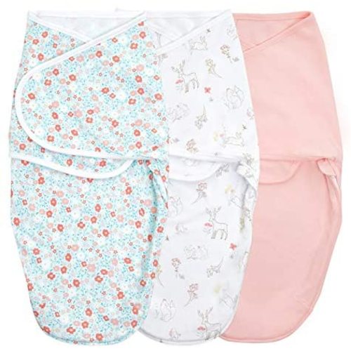 aden + anais Essentials Easy Wrap Swaddle, Cotton Knit Baby Wrap, Newborn Wearable Swaddle Sleep Sack, 3 Pack, Fairy Tale Flowers, 0-3 Months, Small/Medium