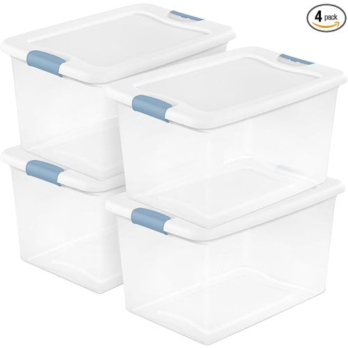 Sterilite 4 Pack Latching Box, 64 Qt Plastic Storage Container, Stackable Large Home or Office Tote Organizers with Secure Lids, White