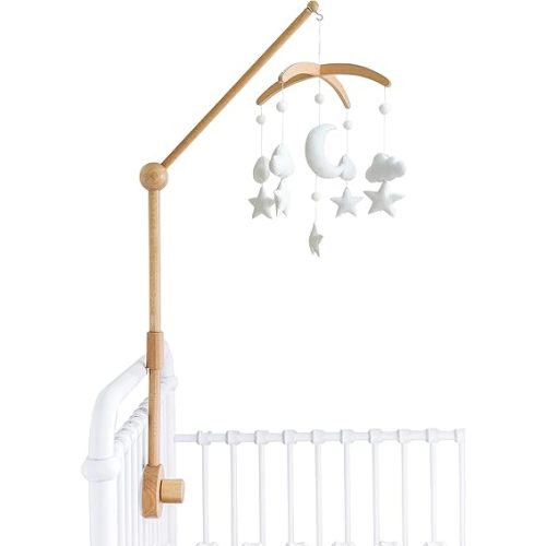 Wooden Crib Mobile Arm w/Moon and Stars Mobile for Crib - Includes Baby Mobile Holder Arm (31 inch, 100% Natural Beech Wood) - Nursery Decor Crib Mobile Set for Boys & Girls