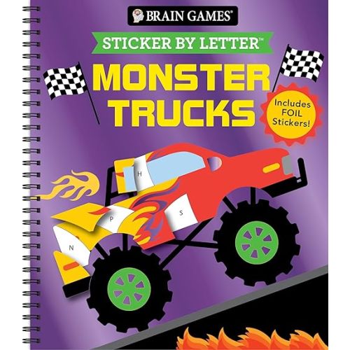 Brain Games - Sticker by Letter: Monster Trucks: Includes 1 Foil Sticker Sheet to Complete Each Image! Spiral-bound – October 30, 2024
