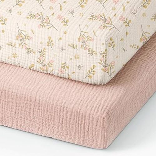 100% Organic Cotton Baby Crib Sheets Muslin 52x28 Inches 2 Pack Soft Fitted Crib Mattress Sheet for Baby Girls, Boho Toddler Bed Sheets Fits Well Standard Size Crib Mattress 28x52 Inches Floral & Pink