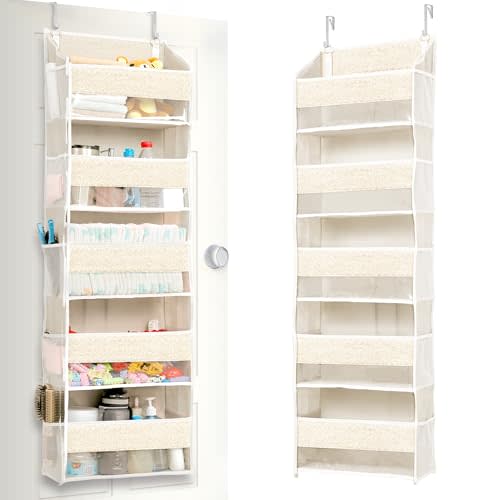 ULG 1 Pack Over Door Organizer with 5 Large Pockets 10 Mesh Side Pockets, Upgraded Linen Texture Over The Door Storage, 44 lbs Weight Capacity Hanging Storage Organizer, Ivory