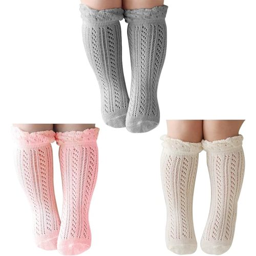 ACTLATI Baby Girls Knee High Socks Hollow Out Anti-skid Knitting Stockings Suitable for 0-2 Years Infants Toddlers - C1-light Pink +White+grey