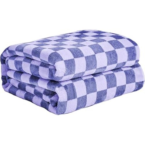 FY FIBER HOUSE Checkered Flannel Fleece Throw Blanket Soft Cozy Checkerboard Grid Print Chessboard Gingham Pattern Blankets for Bed Couch Sofa, 50"x60", Periwinkle Blue