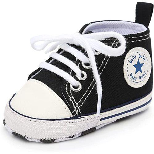 KIDSUN Unisex Baby Boy Girl Canvas Sneaker Soft Sole Infant Lace up Newborn Ankle Toddler First Walkers Crib Shoes - 3-6 Months Infant - A2_black_new