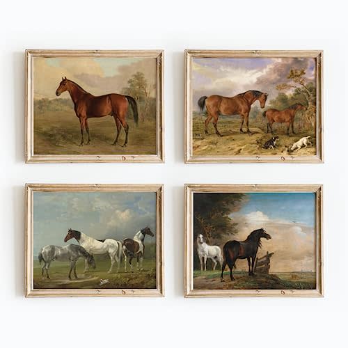 Vintage Wall Art, Vintage Farmhouse Wall Decor,horse Painting, Horse Wall Art, Horse Pictures, Farmhouse Art Prints. Country Wall Art, French Pictures For Wall Set 4(11x14 IN UNFRAMED)