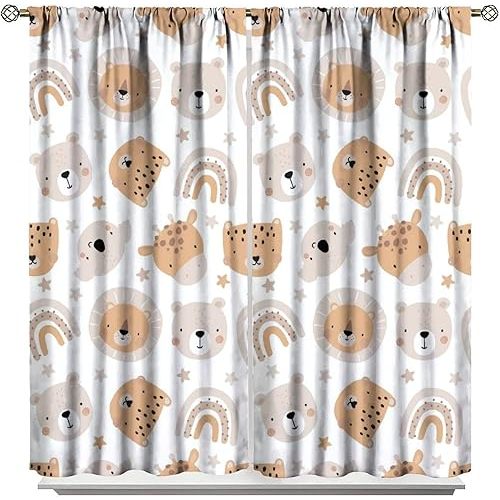 Cartoon Boho Animal Curtains,Funny Forest Safari Print,Cute African Wildlife Koala Giraffe Lion Leopard Bear Rainbow Blackout Window Drapes for Boys Girls Kids Baby Child Bedroom 42x45 Inch