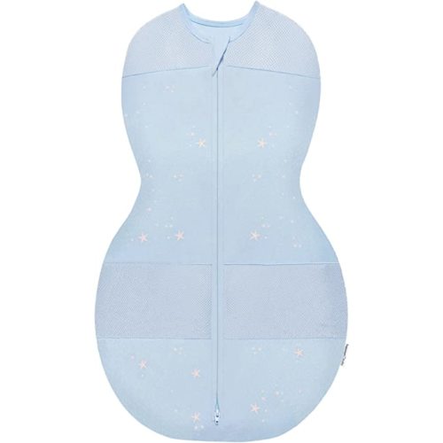Happiest Baby Sleepea 5-Second Swaddle - 100% Organic Cotton Baby Swaddle Blanket - Doctor Designed Promotes Healthy Hip Development (Sky Blue Stars, Small)