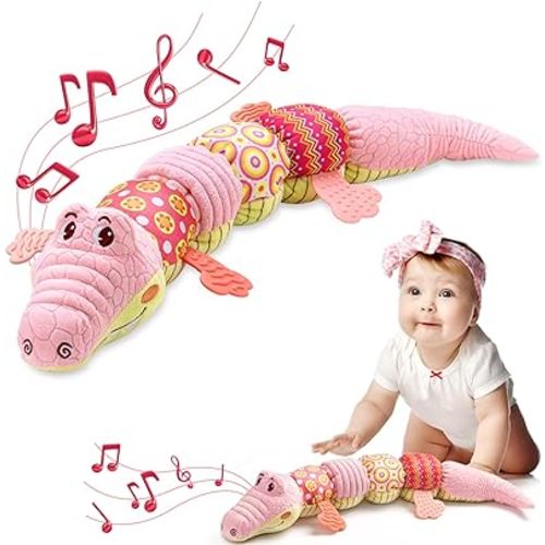 Baby Toys 0 to 12 Months, Musical Stuffed Animal Activity Soft Toys with Multi-Sensory Crinkle, Rattle and Textures,Infant Tummy Time Toys for Newborn Boys Girls, Crocodile, Pink