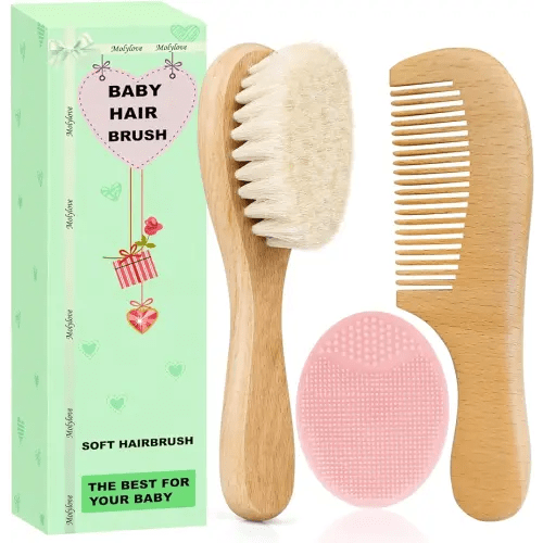 Baby Hair Brush, Baby Hair Comb, Cradle Cap Brush Set for Newborns and Toddlers,Goat Bristles Brush, Wood Comb l Purple Cradle Cap Brush| Ideal for Cradle Cap 3PCS