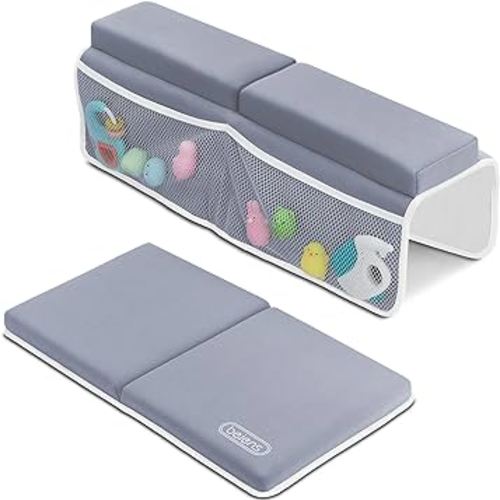 beiens Bath Kneeler and Elbow Rest Pad, 1.5'' Thick Quickly Dry Kneeling Pad and Elbow Support for Knee & Arm Support Large Bathtub Kneeling Mat with Toy Organizer for Happy Baby Bathing Time (Grey)
