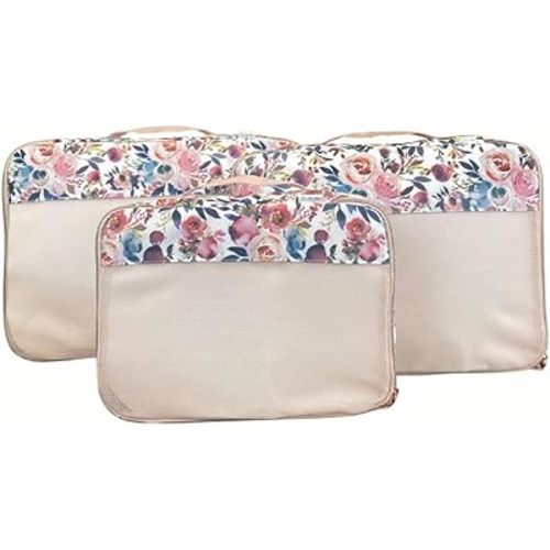 Itzy Ritzy Packing Cubes for Travel – Set of 3 Large Packing Cubes or Travel Organizers; Each Cube Features a Mesh Top, Double Zippers and a Fabric Handle; Large Sizes (Blush Floral)