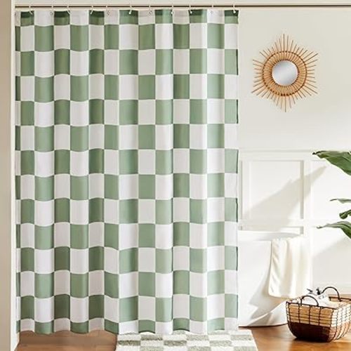 Checkered Shower Curtain, Sage Green Shower Curtains for Bathroom, Cute Retro Checkerboard Shower Curtain Vintage Aesthetic, Machine Washable Fabric Bath Curtain, 72''x72''