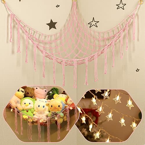 Stuffed Animals Net or Hammock with LED Light, 59 inch Toy Hammock Net for Stuffed Animals Corner Hanging Stuffed Animal Storage Stuffed Animal Holder for Nursery Kids Bedroom (Light Pink)