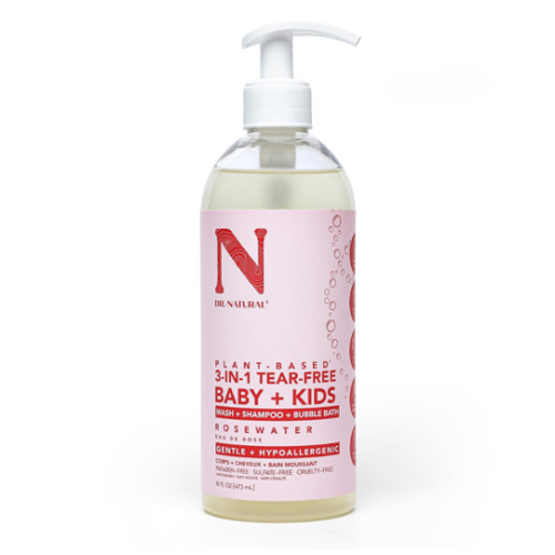 Dr. Natural 3-in-1 Tear-Free Baby Plus Kids Soap, Rosewater, 16 oz - Plant-Based Baby Shampoo and Body Wash - Sulfate and Paraben-Free - Hypoallergenic for Sensitive Skin - Infused with Essential Oils