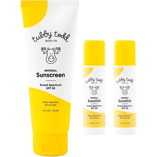 Tubby Todd Face and Body Mineral Sunscreen Kit for Baby, Toddler and Kids - Sunscreen 4 Fl Oz and Sunstick 0.5 Oz Duo Bundle - Fragrance-Free