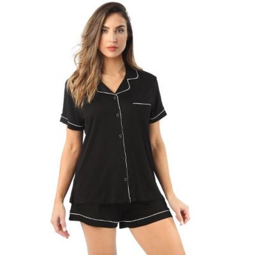 #followme Womens Button-down Pajama Pant Set With Notch Collar Elegant & Comfortable Sleepwear (black / Cream Rayon Spandex, 1x)