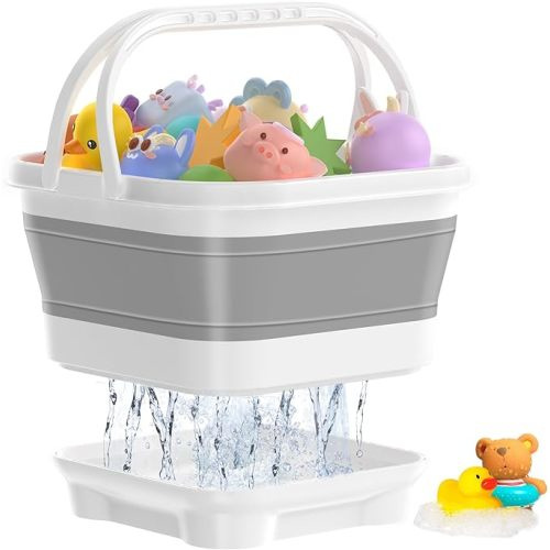 Anivia Foldable Bath Toy Storage Organizer with Removable Base, Gray | Stand up silicone bath toy bin for kids; quick-drain design, easy cleaning, compact storage, and a gift for new parents