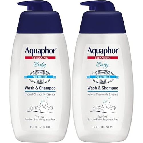 Aquaphor Baby Wash and Shampoo - Mild, Tear-free 2-in-1 Solution for Baby’s Sensitive Skin - 16.9 fl. oz. Pump - Pack of 2