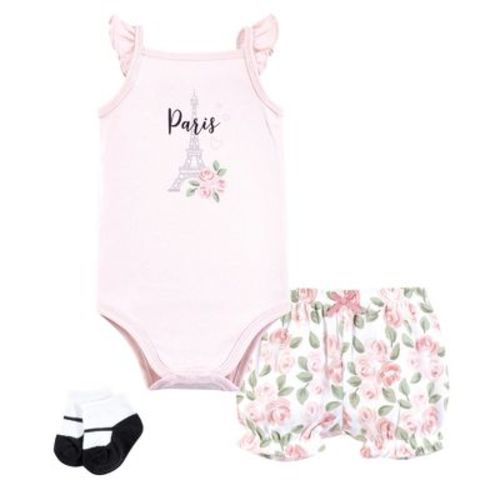 Hudson Baby Infant Girls Bodysuit, Short and Sock, Bonjour Paris, 9-12 Months
