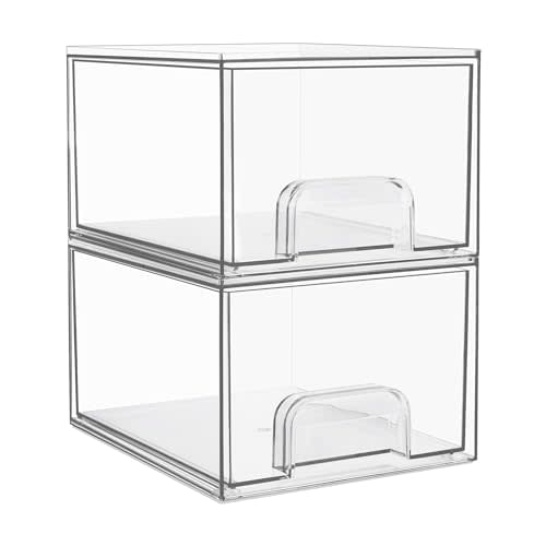 Vtopmart 2 Pack Clear Stackable Storage Drawers, 4.4'' Tall Acrylic Bathroom Makeup Organizer,Plastic Storage Bins For Vanity, Undersink, Kitchen Cabinets, Pantry, Home Organization
