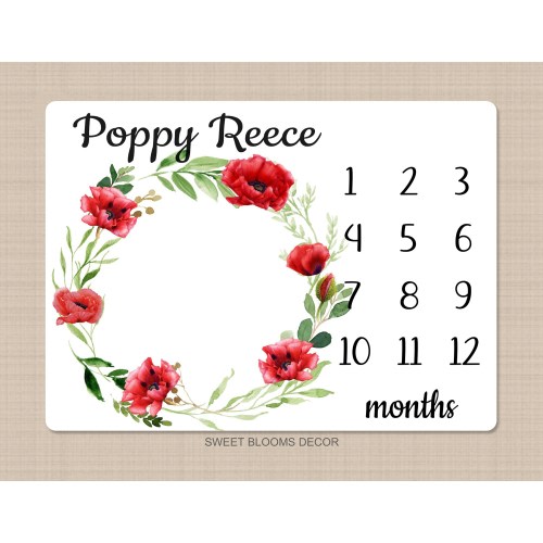 Red Poppy Flower Milestone Blanket, Baby Girl Floral Monthly Blanket, Gowth Tracker, Keepsake May Newborn Baby Shower Gift  B1218