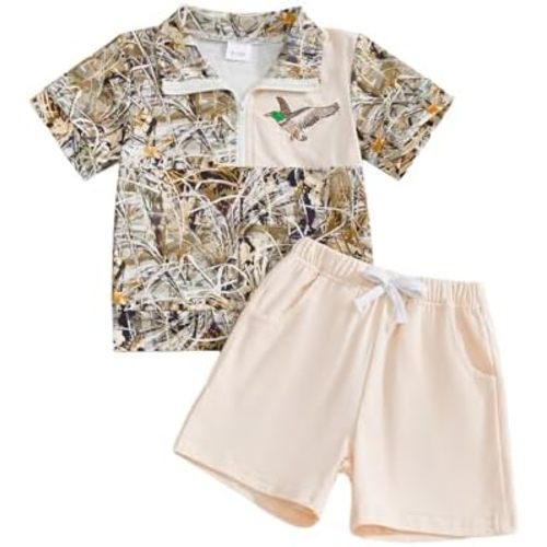 Toddler Baby Boy Hunting Outfit Mallard Duck Jungle Camouflage Short Sleeve Zipper Tops Shorts Set Summer Clothes