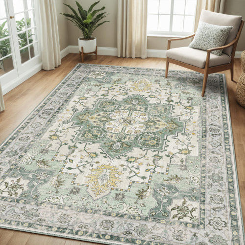 Machine Washable Oriental Green / Ivory Area Rug