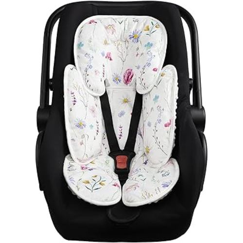 Pea Pod Infant Car Seat Pad 2-in-1 Baby Car Seat Head & Body Support for Newborn Girl Reversible 3 Layer Warm Preemie Carseat Stroller Cushion Headrest with Soft Minky Dot Fabric, Wildflower