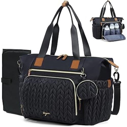 Diaper Bag Tote, Large Diaper Bags Waterproof, Hospital Bag for Labor Delivery, Baby Bag with Pacifier Case, Travel Diaper Tote with Changing Pad, Black