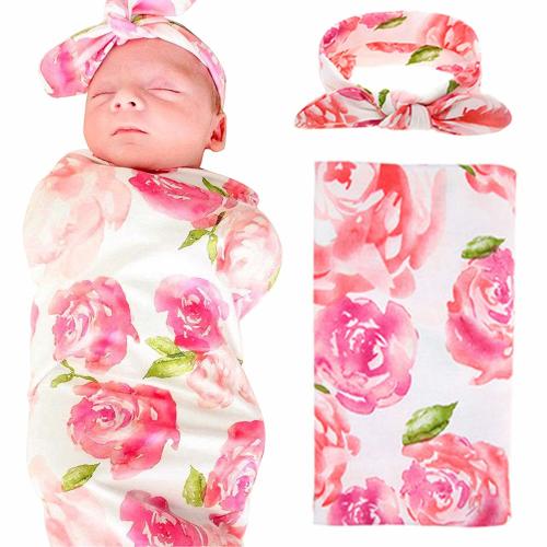 Peroptimist Nerborn Receiving Blanket and Headband Set Flower Print Baby Swaddle Wrap Floral Baby Blankets for Girls and Boys