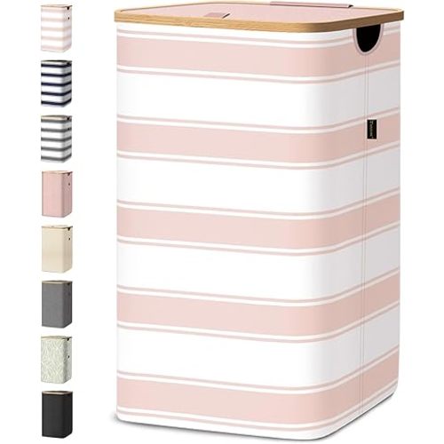 BALEINE Laundry Hamper with Lid, Tall Laundry Baskets with Bamboo Pull Handles, Large Laundry Bin with Internal Support (26 Gal/100L, Pink Stripe)