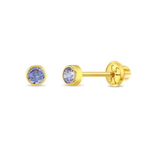 14k Yellow Gold Small 3mm Simulated Alexandrite Bezel Stud Screw Backs for Girls