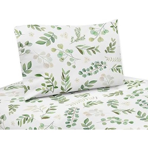 Sweet Jojo Designs Floral Leaf Twin Sheet Set - 3 Piece Set - Green and White Boho Watercolor Botanical Woodland Tropical Garden