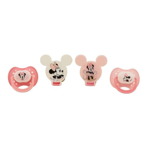 Disney Cudlie Minnie Mouse Baby Girl 4 Pack of 2 Pacifiers & 2 Clips with Sugar & Spice Print