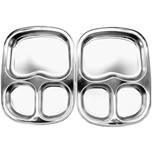 Korean Stainless Steel Divided Plates for Kids Toddlers Babies, 3 Compartment Plate Silver, Set of 2, Tray, BPA Free, Diet Food Control, Camping Dishes, Compact Serving Platter, Dinner Snack