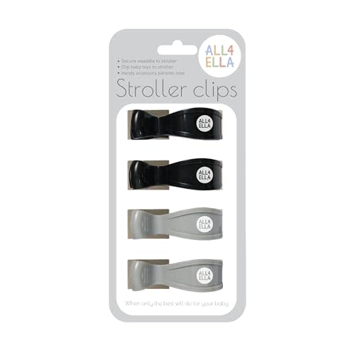 All4Ella Baby Blanket Stroller Clips (4 Pack) | Hooks Muslin to Stroller | Australian Baby Product | Infant/Toddler | Black/Grey