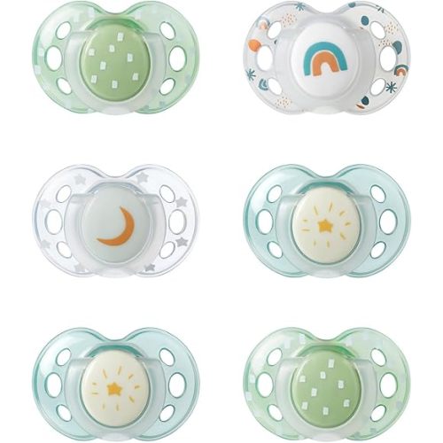 Tommee Tippee Nighttime pacifiers, 18-36 months, 6 pack of glow in the dark pacifiers with symmetrical silicone baglet