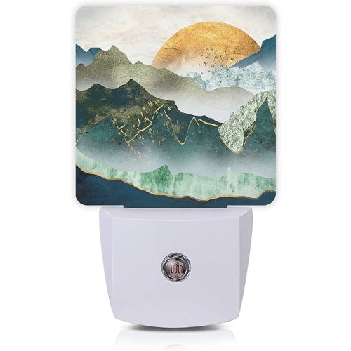 Mountain Night Light,Green Mountains Golden Sunset Plug in Night Lights Auto LED Lamp Energy Saving Square Lights for Boys Girls Men Women