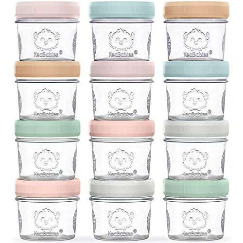 KeaBabies 12-Pack Glass Baby Food Containers - 4 oz Leak-Proof, Microwavable, Glass Baby Food Jars - Baby Food Storage Containers - Baby Bullet Jars with Lids, Freezer Safe (Musk Dusk)