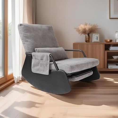 Rocking Chair for Nursery, Modern Upholstered Plush Seating Glider Recliner Chair with High Backrest and Side Pocket, Accent Armchair with Cushions for Living Room/Reading (Dark Grey)