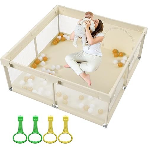 ZEEBABA Beige Baby Playpen 59x59 in, Playpen for Babies and Toddlers, Play Pen for Kids, Play Yard for Infants with Gate (Without mat)