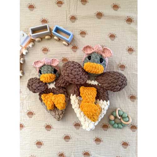 Mallard Duck Lovey — Handmade Crochet Baby Girl Snuggler with Pink Headband