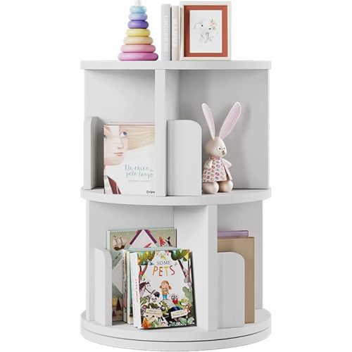 oneinmil Rotating Bookshelf, Corner Bookcase for Small Space, 360° Corner Bookcase for Bedroom, Living Room, Study Room, 2 Tier, White,