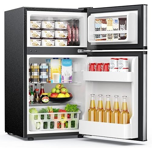 EUHOMY Mini Fridge with Freezer, 3.2 Cu.Ft Mini Refrigerator fridge, 2 door For Bedroom/Dorm/Office/Apartment - Food Storage or Cooling drinks, Silver