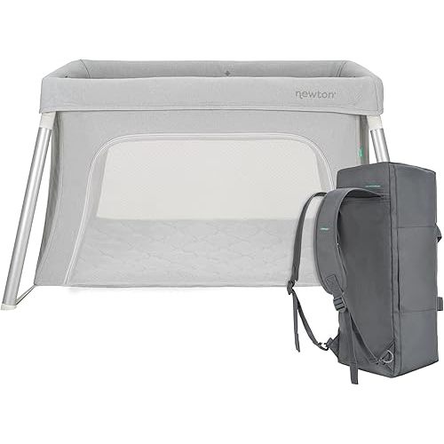 Newton Baby Compact Travel Crib & Play Yard | Breathable & Washable Mattress, Foldable Carry-On Size, Backpack Straps, Gray