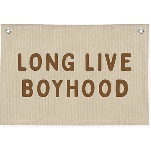 Long Live Boyhood Banner, Boy Nursery Decor, Linen Banner Wall Hanging Banner Flag Decor for Nursery Playroom Toddler Room, Boys Kids Room Decor - Sand Beige & Taupe