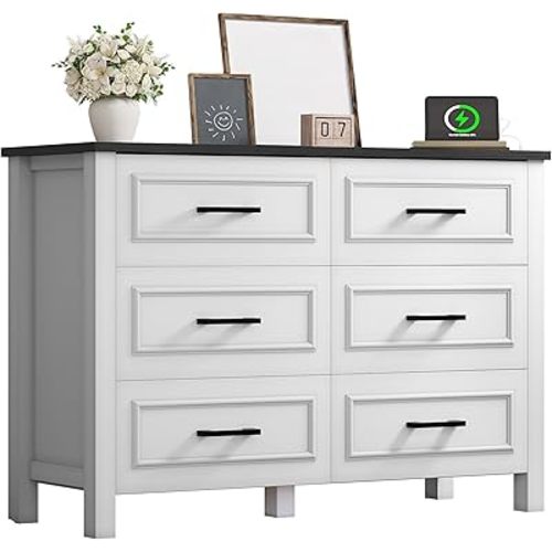 YITAHOME 6-Drawer Dresser with Built-in Power Outlet, Wood TV Stand with 6 Large Drawers & Bar Handles, Dresser Chest of Drawers for Entryway Living Room Hallway, White & Black